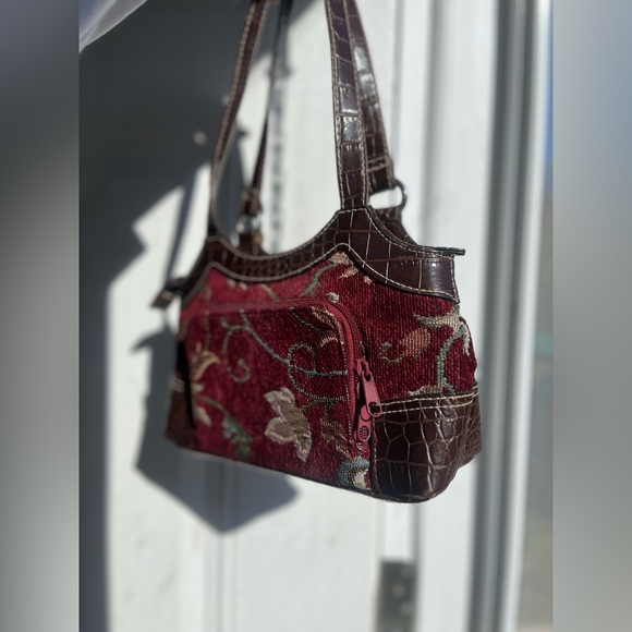 VTG Y2K Cottagecore Maroon Carpet Bag Tapestry purse w/ brown Croc faux leather - Picture 12 of 16